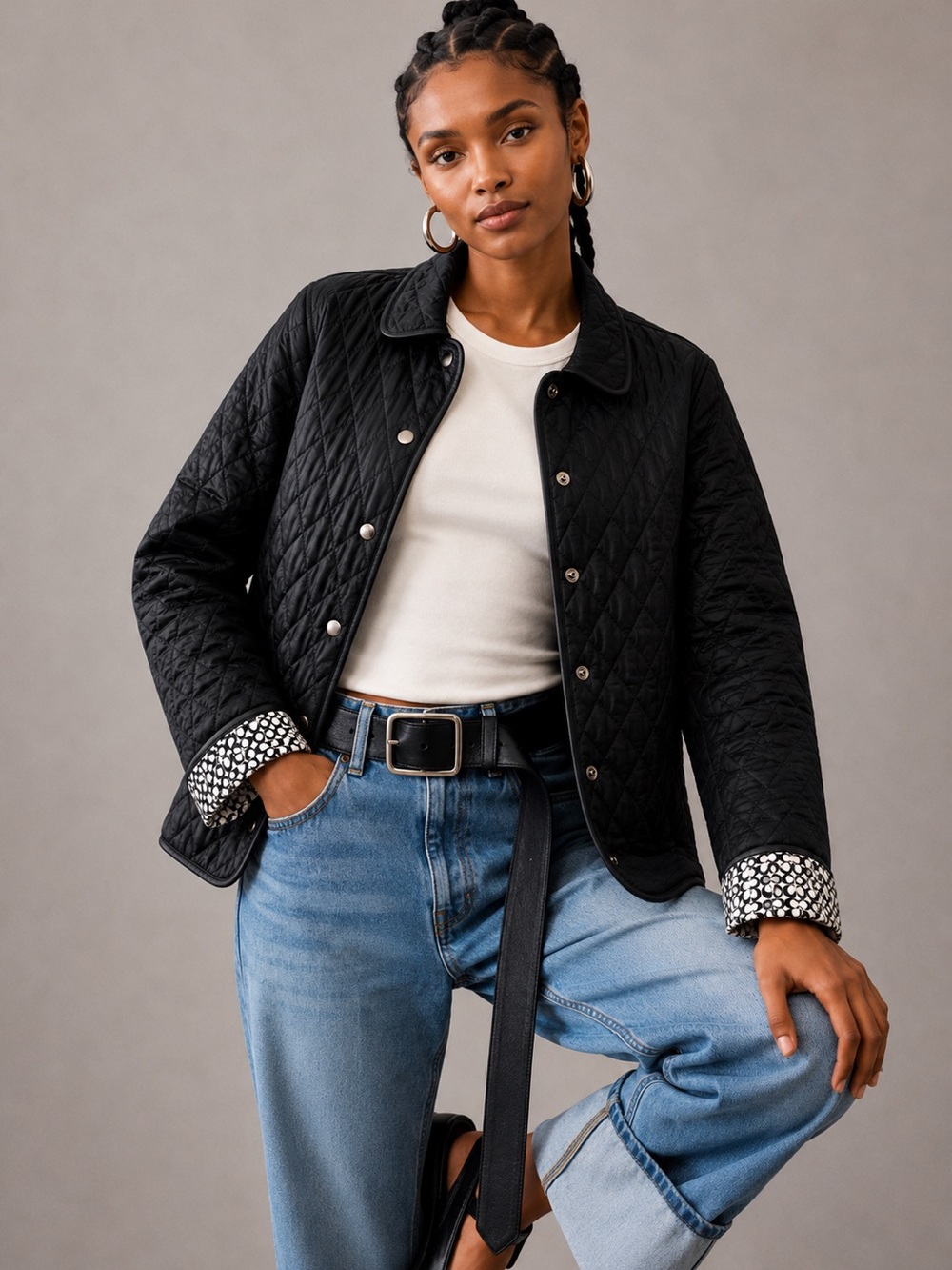 Coach Black Quilted Jacket Signature C Logo Cuffs Snap Front Chore